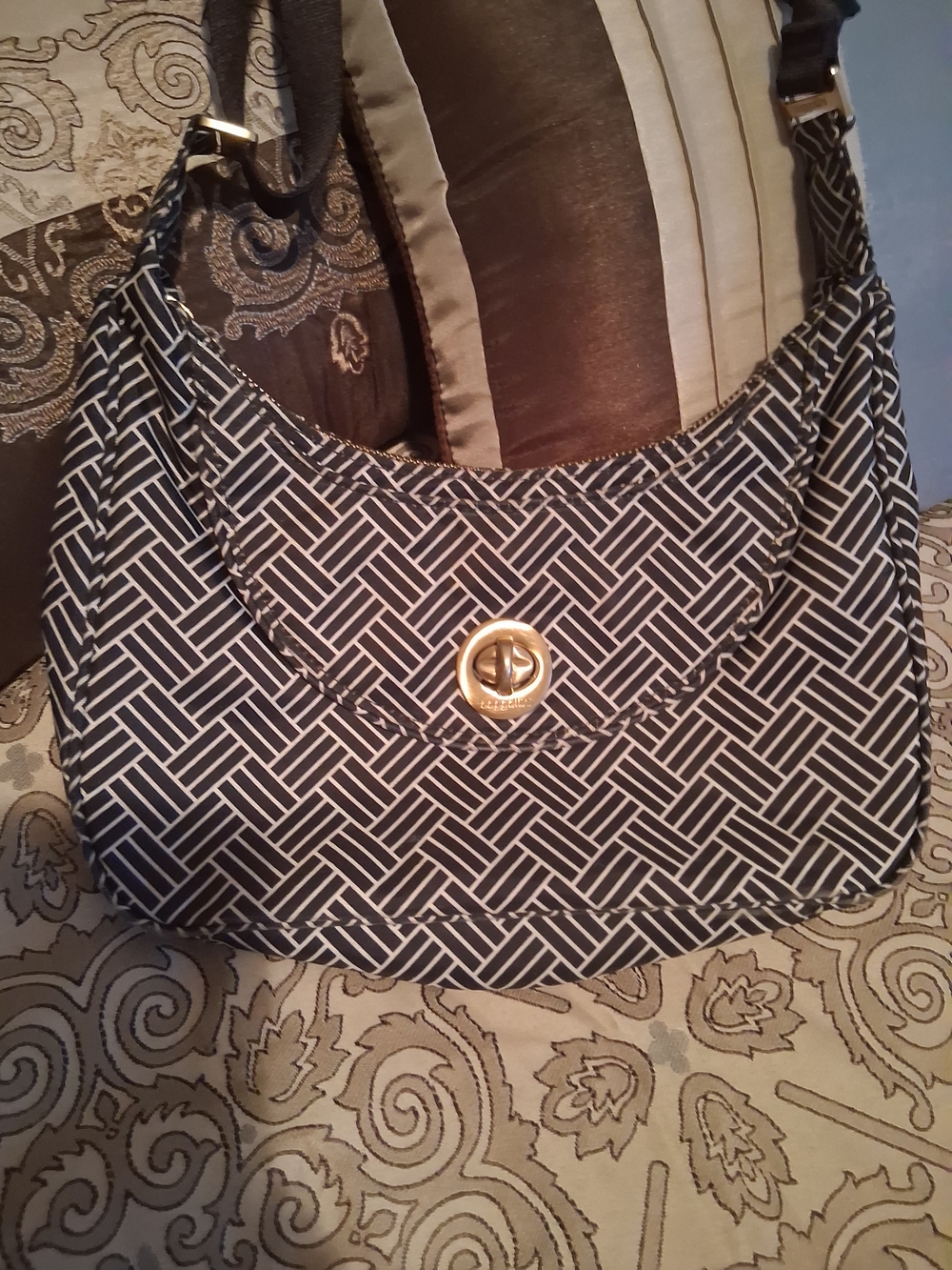 Banggallini Black & White Patterned Hobo Bag with Gold Turn-Lock